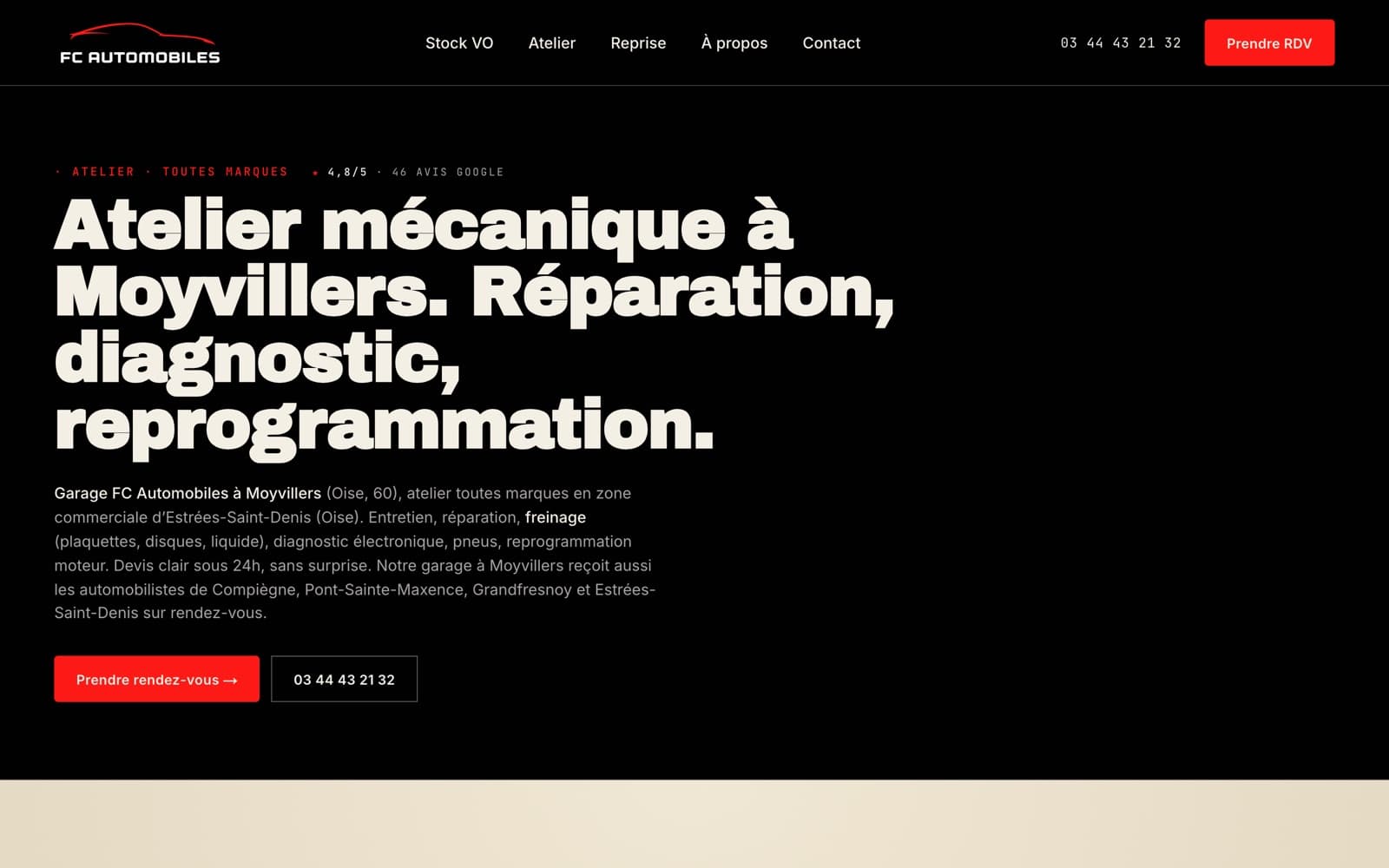 Page Atelier du site FC Automobiles — prise de rendez-vous
