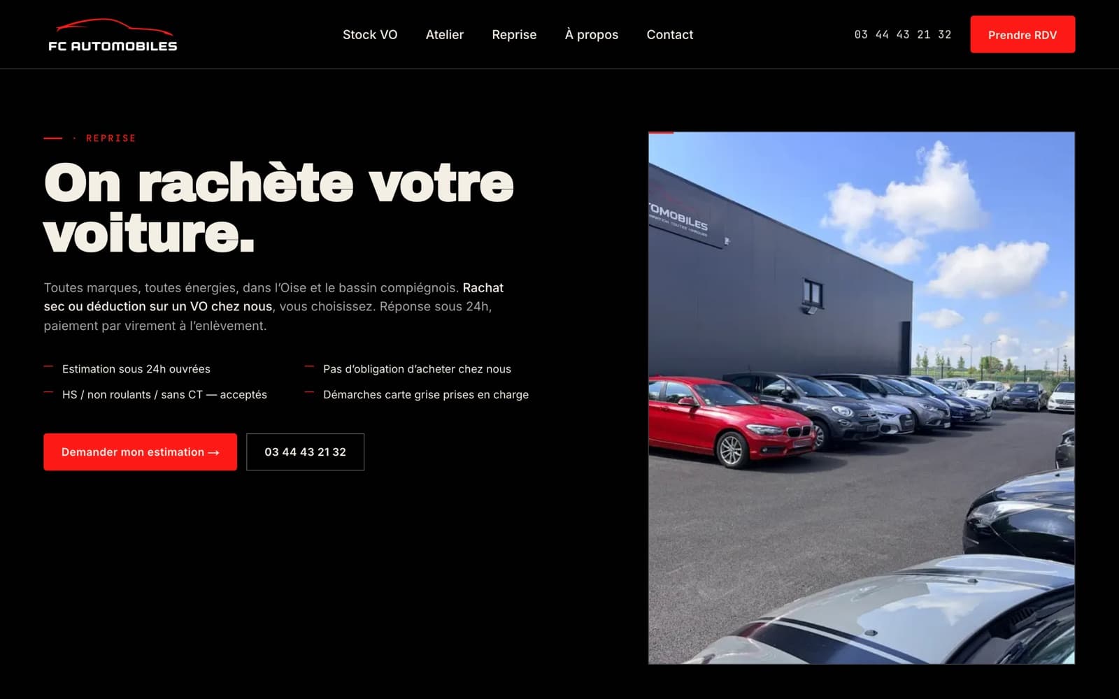 Page Reprise du site FC Automobiles — estimation par plaque