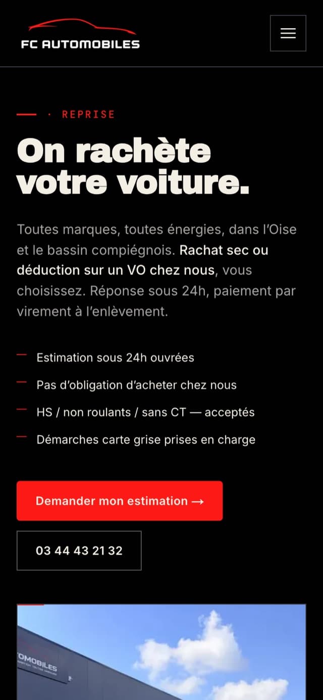 Page Reprise du site FC Automobiles sur mobile