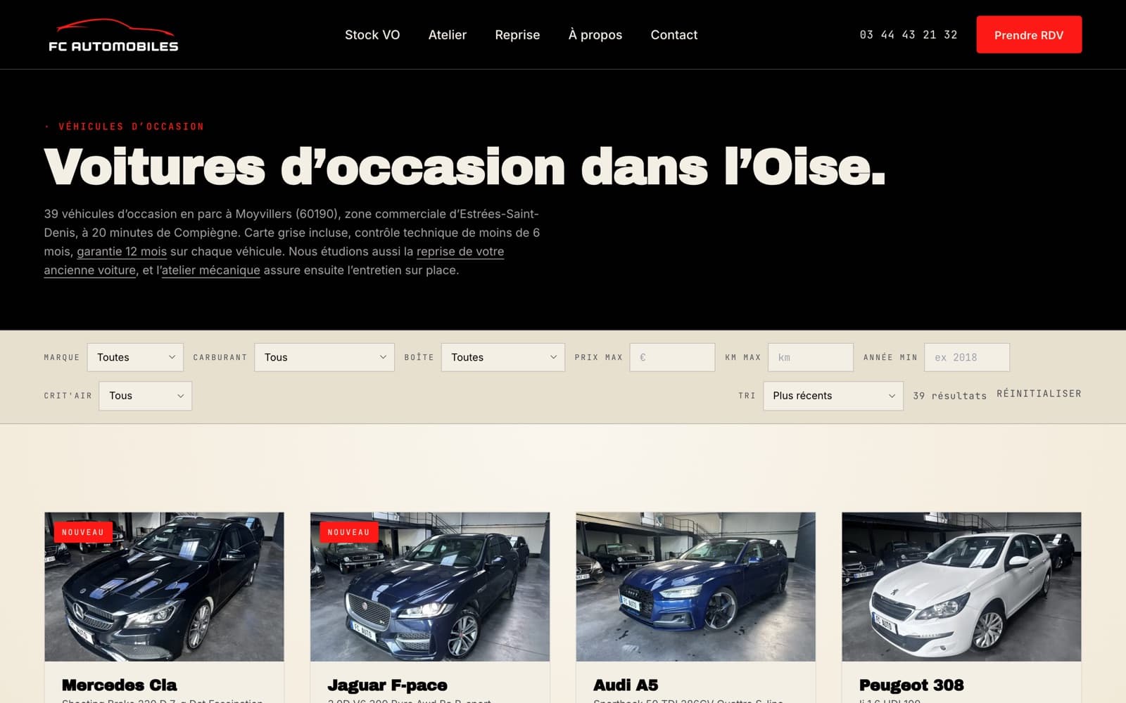 Page Stock du site FC Automobiles — filtres et véhicules