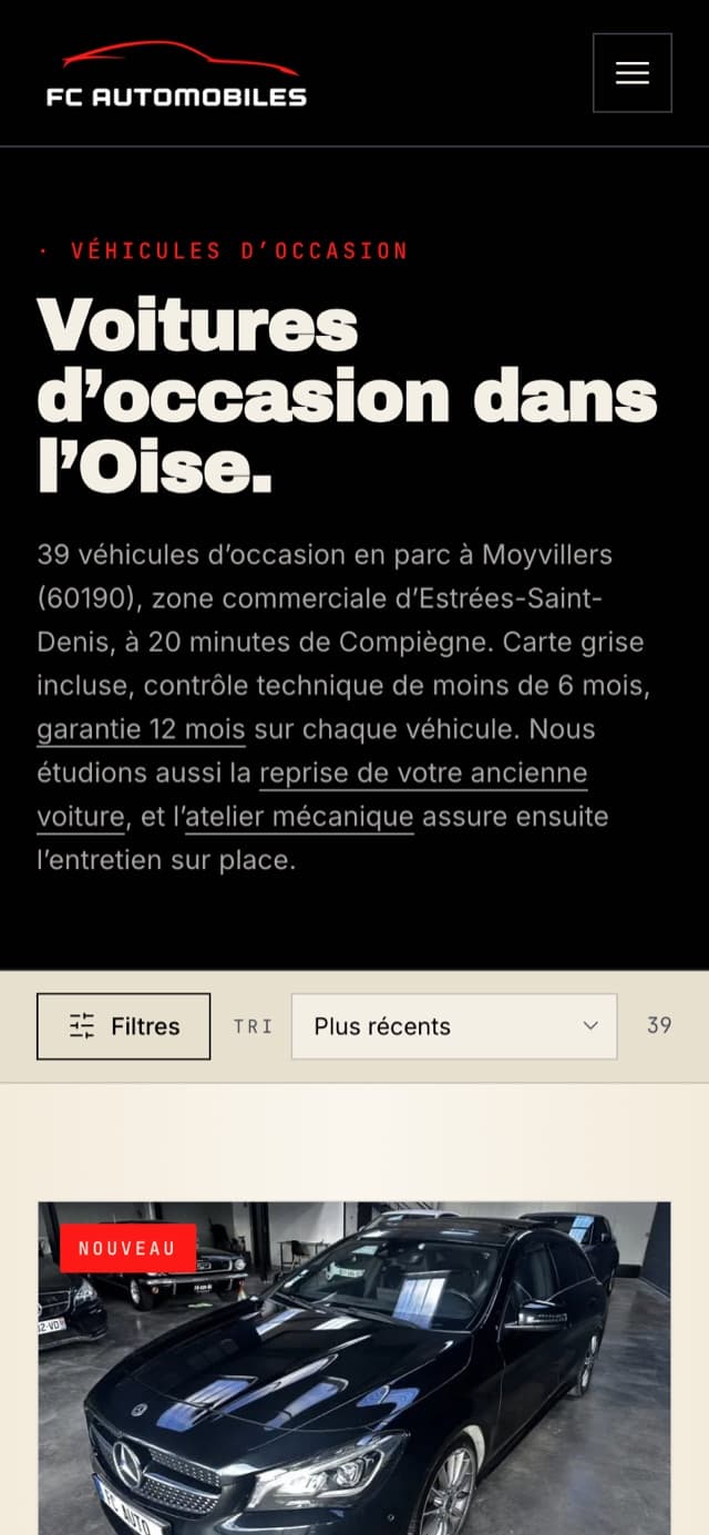 Page Stock du site FC Automobiles sur mobile